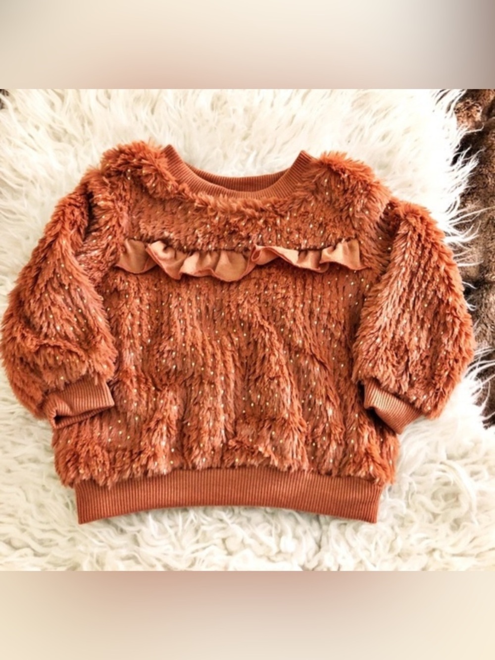 Babies Girl Madison Layne Brick Red Fuzzy Gold Flecked Sweater Top 6-9 M